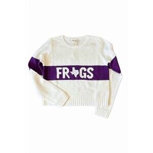 NEW ELLSWORTH + IVEY women's frogs varsity stripe sweater in ivory + purple